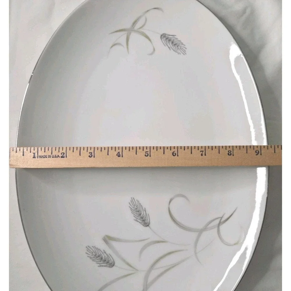 Vtg Mid Century Harvest Wheat China Oval Serving Platter Platinium Trim Japan 14